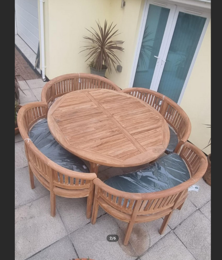 Teak garden dining set. 1.8m “Titan” round table, 4 bowwood style seats
