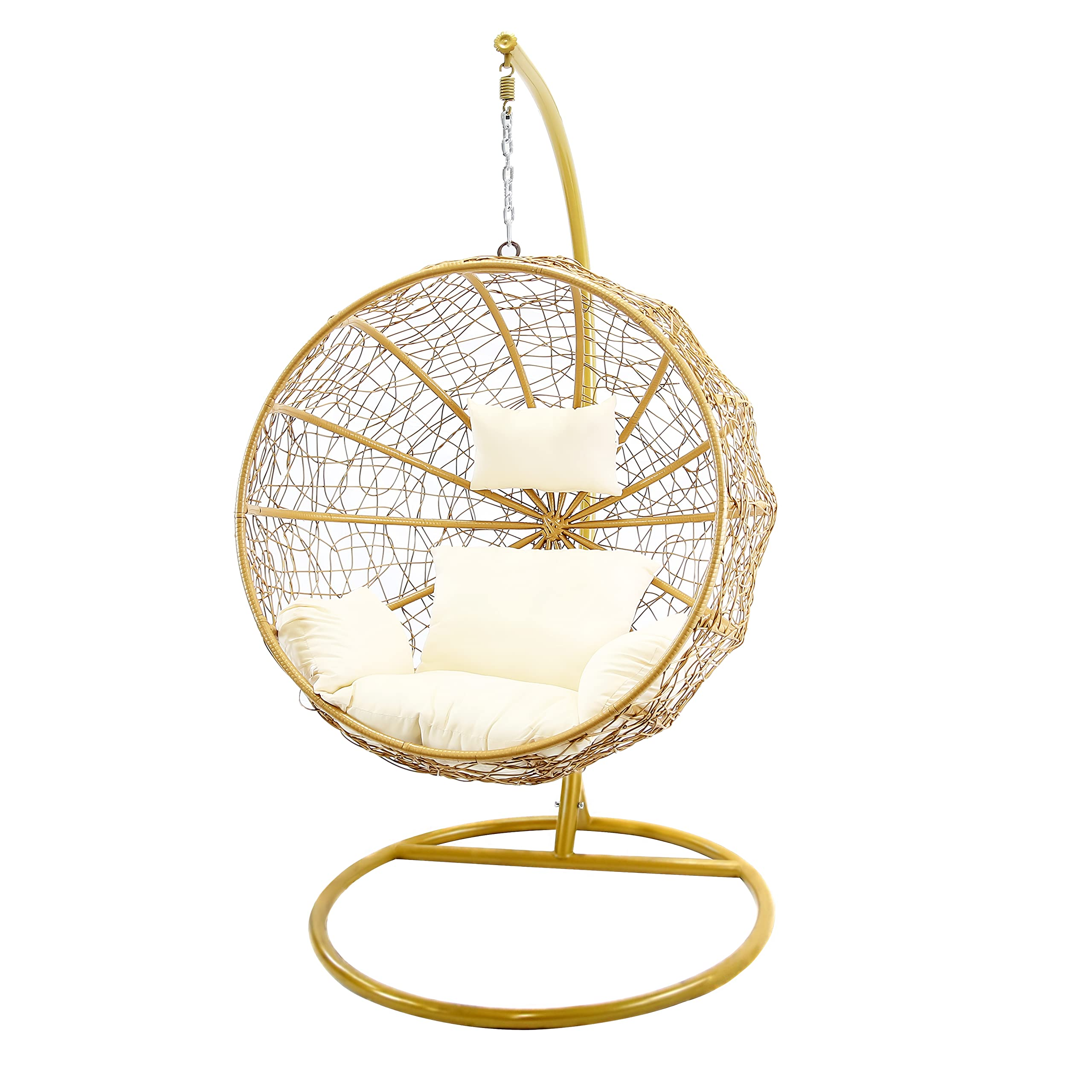 【Home&Garden】Porch Swing Chair with Stand, Cushion & Pillow, Goldden Egg Rattan Wicker Swing Hanging Chair