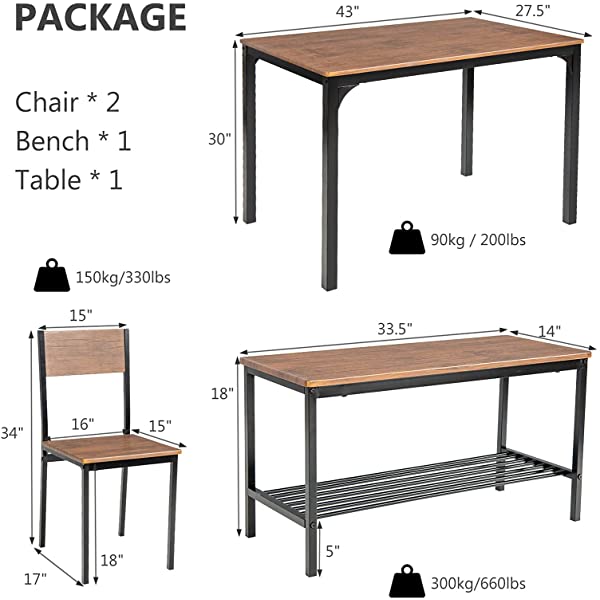 Giantex Dining Table Set for 4, Kitchen Table with Bench and Chairs, Industrial Gathering Bench Dining Set W/Metal Frame & Storage Rack, Dinette Set, Modern Functional Desk Set (Black Oak)