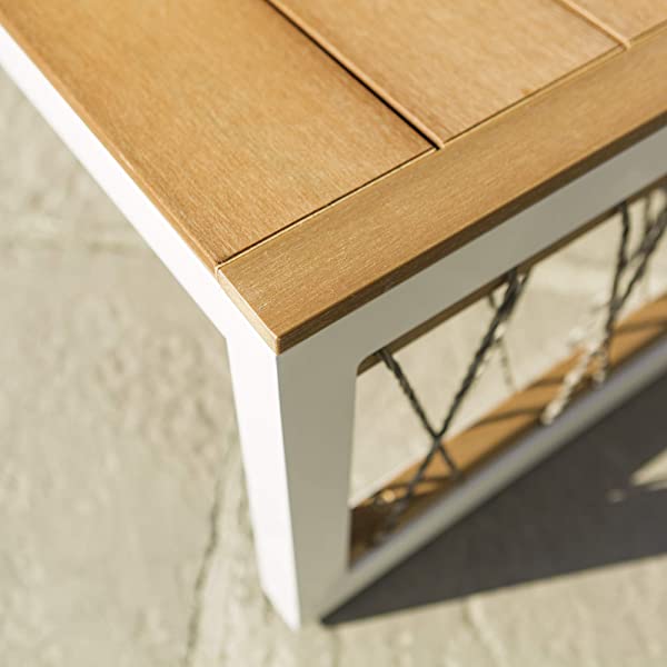 Walker Edison Harbor Modern 4 Piece Teak Wood and Metal Outdoor Modular Sectional with Knotted Rope Accents, Set of 4, White and Grey