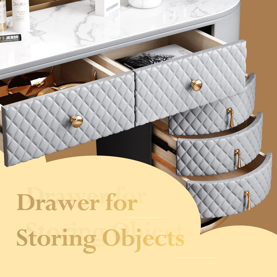 【Furniture】Dresser Table Vanity Makeup Table Set Makeup with 5 Drawers Dressing Table with Lighted Mirror