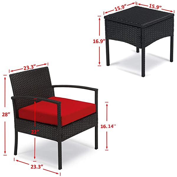 PROHIKER 3 PCS Patio Rattan Conversation Chair Set, 3 PCS Patio Wicker Rattan Furniture Set, Patio Wicker Rattan Table Red