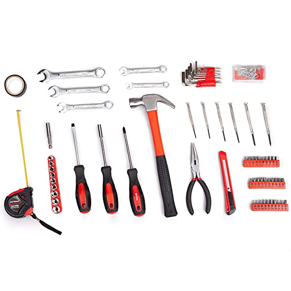 CARTMAN 148Piece Tool Set General Household Hand Tool Kit with Plastic Toolbox Storage Case Socket and Socket Wrench Sets Red
