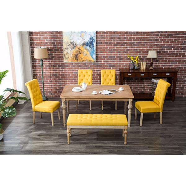 Roundhill Furniture Habitanian 6-Piece White Wash Dining Set with Tufted Chairs and Bench, Beige