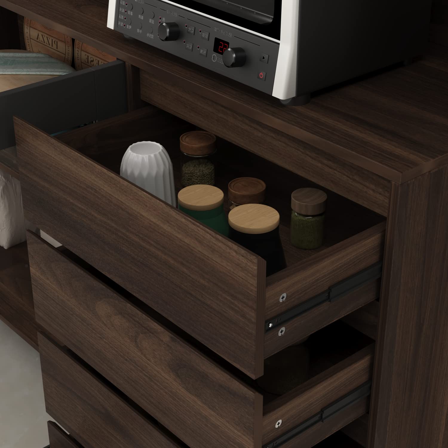 【Furniture】Freestanding Kitchen Pantry Storage Cabinet with Glass Doors, Shelves & Drawers