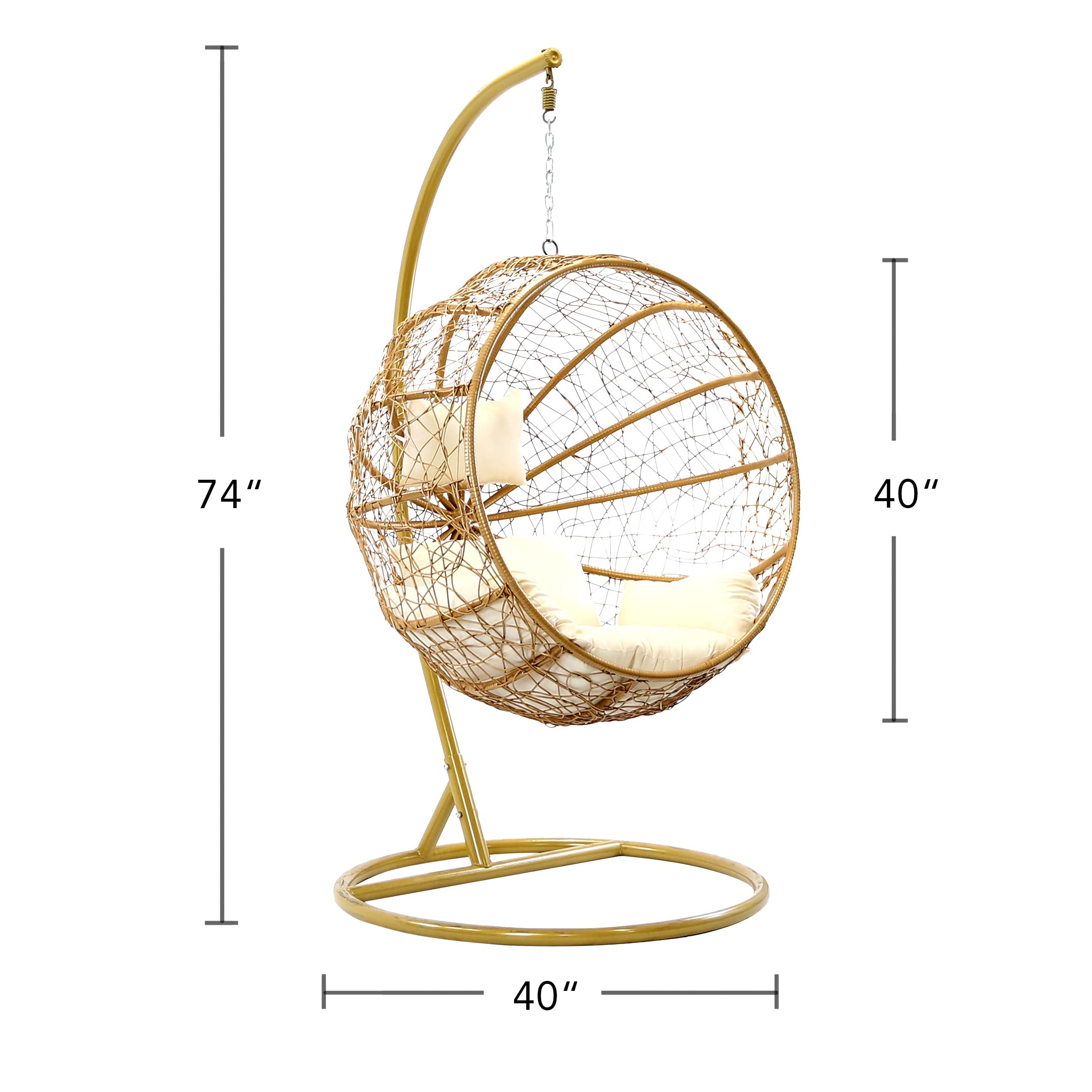 【Home&Garden】Porch Swing Chair with Stand, Cushion & Pillow, Goldden Egg Rattan Wicker Swing Hanging Chair