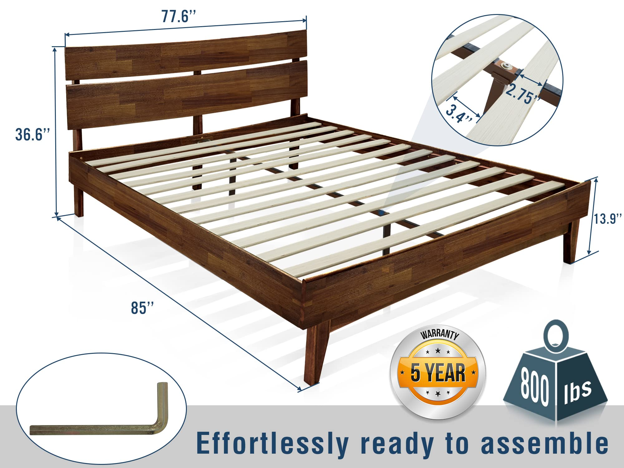 【Furniture】Acacia Aurora 14 Inch Wood Platform Bed, Bed Frame with Headboard, King Size