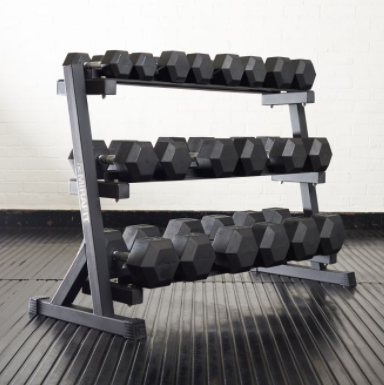 550 LB DUMBBELL SET AND HEAVY DUTY DUMBBELL RACK, 5 TO 50 LB HEX DUMBBELL SET (10 PAIR).