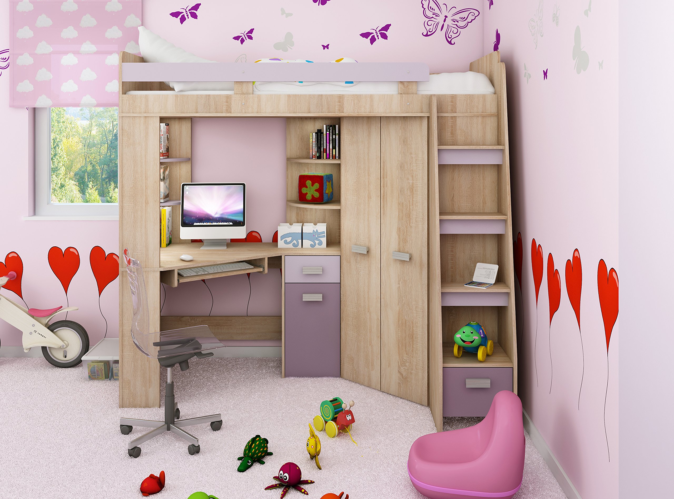 【Furniture】High Sleeper/Bunk Bed - All In 1 Right or Left Hand-side Stairs - Kids/Children Furniture Set