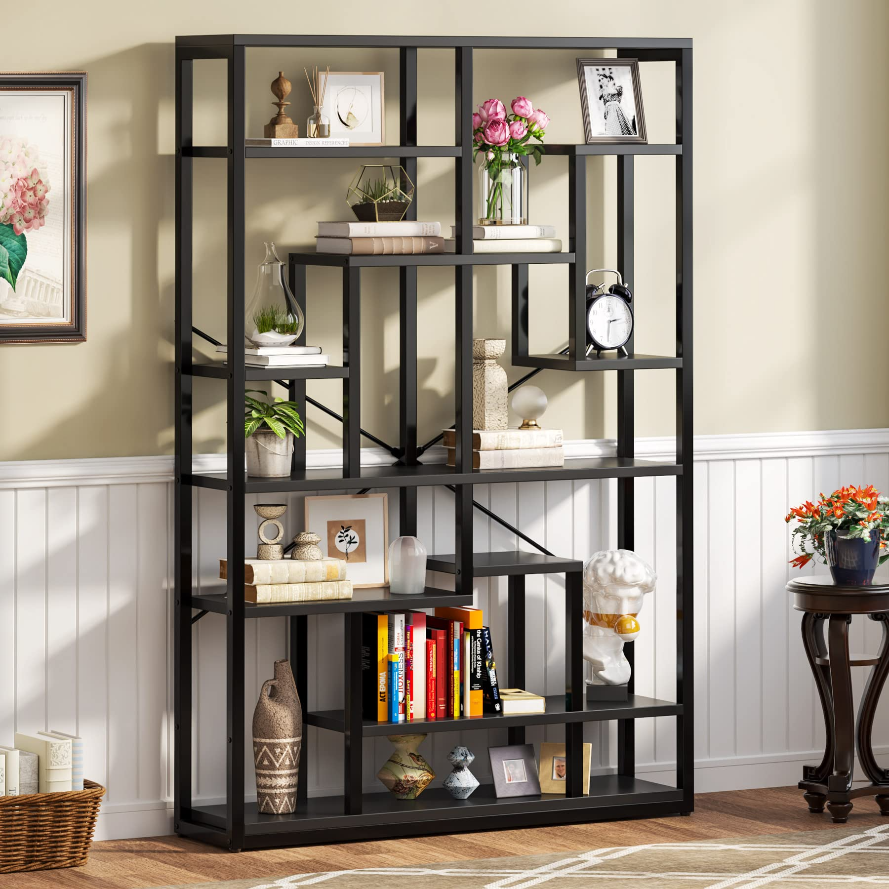 【Furniture】Black Bookshelf 47” Bookcase 9 Tier Tall Book Shelf Rustic Geometric Bookcase Display Shelf Organizer