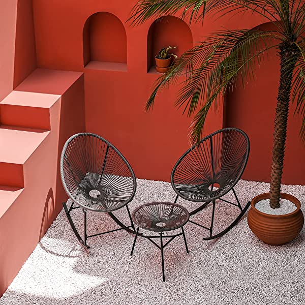 VONLUCE 3 Piece Outdoor Acapulco Bistro Set, Patio Furniture Set with Glass Top Table and 2 Rocking Chairs with Hand-Woven Rope, All Weather 3pc Conversation Set for Balcony and Patio Décor, Black