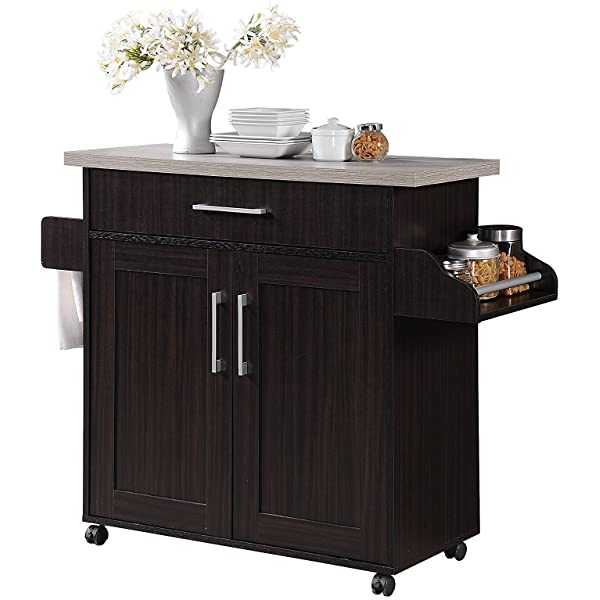 Hodedah Kitchen Island with Spice Rack, Towel Rack & Drawer, Black with Beech Top Black-beech