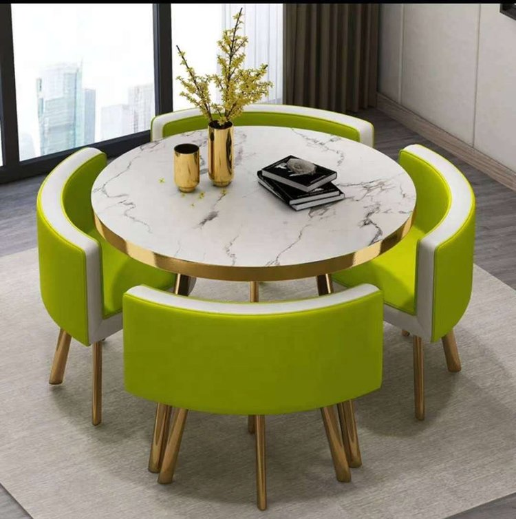 FAVORABLE SPACE SAVING MINI DINING TABLE SET 4 CHAIRS WITH MDF ROUND COFFEE TABLE METAL LEGS BALCONY HOME FURNITUR