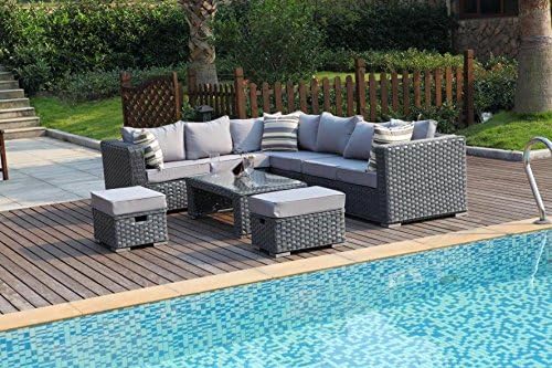 YAKOE 50020 Poppy Greenhouse Modular 9-Seater Rattan Corner Garden Sofa Furniture Set - Gray