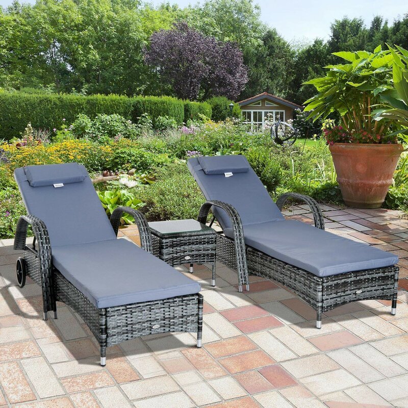 200CM LONG RECLINING SUN LOUNGER SET WITH CUSHIONS AND TABLE