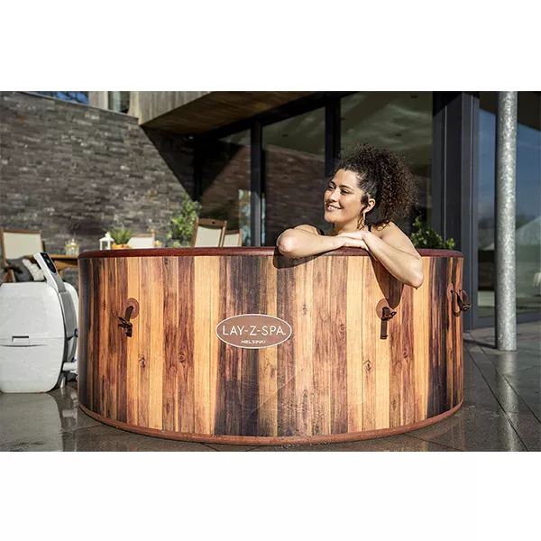 HELSINKI HOT TUB, 180 AIRJET WOOD EFFECT INFLATABLE SPA WITH FREEZE SHIELD YEAR ROUND TECHNOLOGY AND RAPID HEATING, 5-7 PERSON