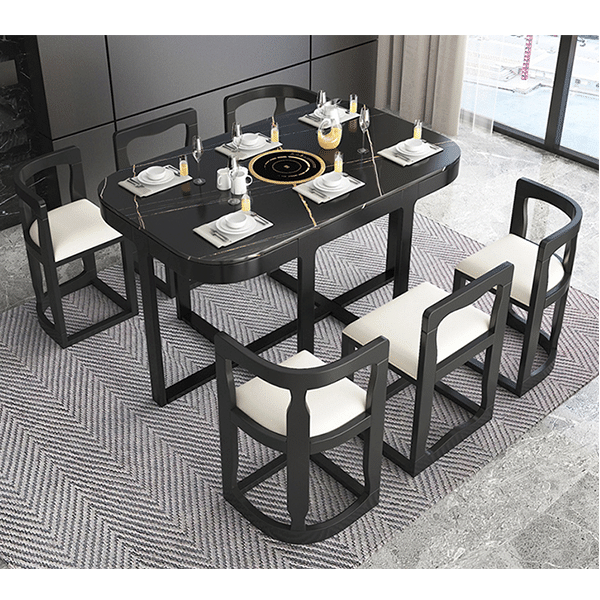 Esstisch und Stühle aus Marmor, Schiefer, Haushalt, kleine Wohnung, moderner, minimalistischer runder Tisch, schrumpfender Esstisch, Kombination aus Tisch und Stuhl aus Massivholz