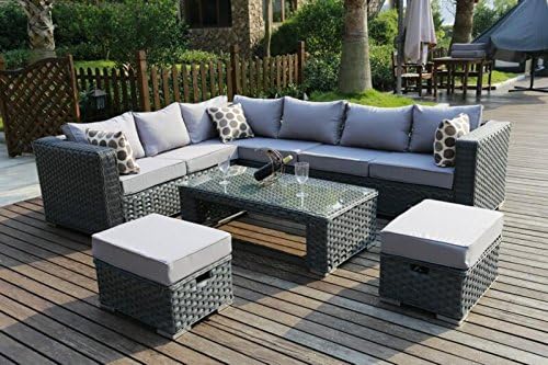 YAKOE 50020 Poppy Greenhouse Modular 9-Seater Rattan Corner Garden Sofa Furniture Set - Gray