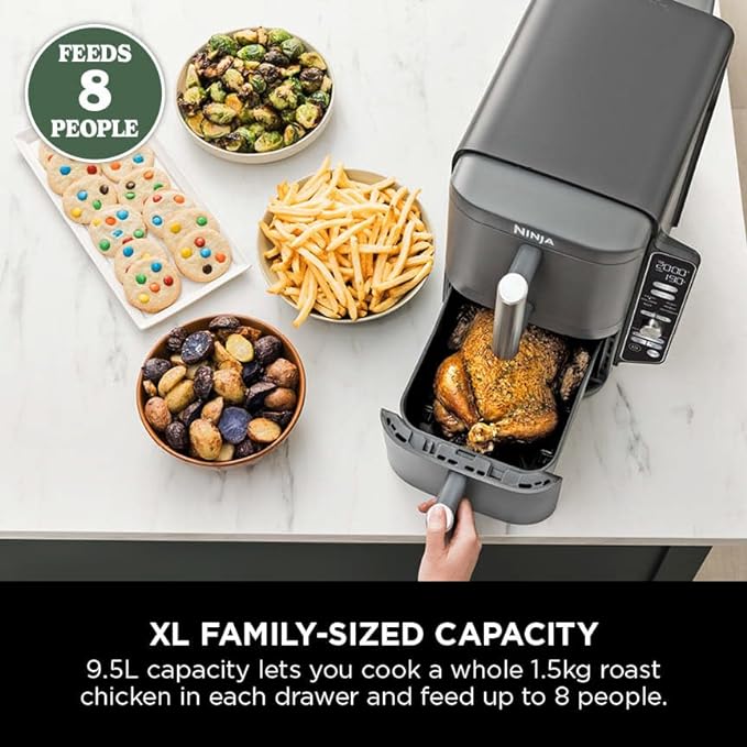 Ninja Double Stack XL Air Fryer, Vertical Dual Drawer AirFryer with 4 cooking levels, 2 Drawers and 2 Racks, Space Saving Design, 9.5L Capacity, 6 Cooking Functions, 8 Portions, GreySL400UK