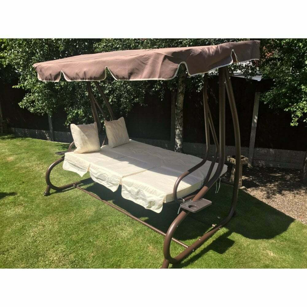 3 Seat Swing Hammock Bed Heavy Duty Garden Bench Patio Brown Cream Seat